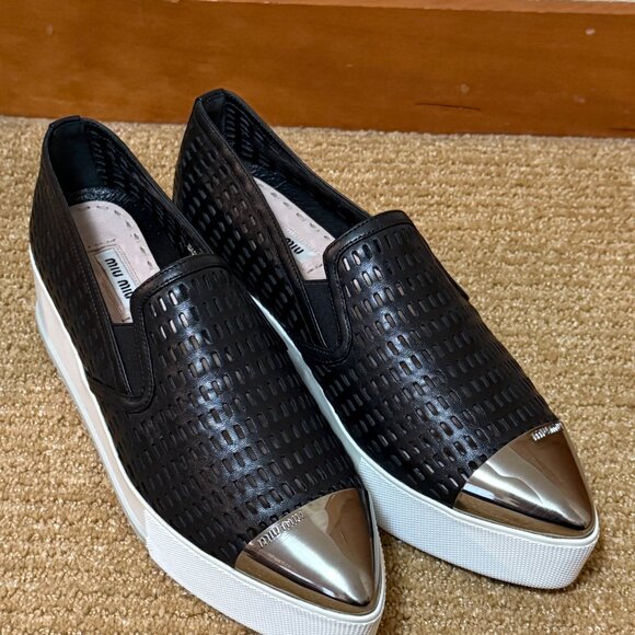 Miu Miu Platform Perforated Leather Metal Cap Toe Sneakers - Picture 2 of 9